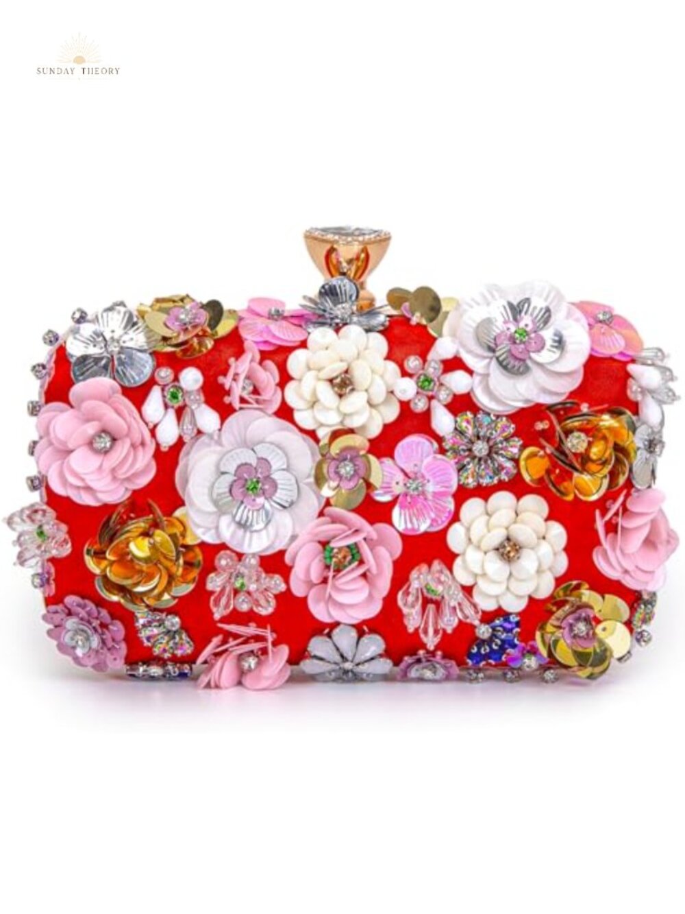 Sequin PU Leather 3D Flower Evening Clutch Chain Strap Shoulder Bag Purse